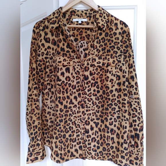 Alfred Sung Brown Leopard Print Button Up Top ~ Size M - Picture 1 of 8